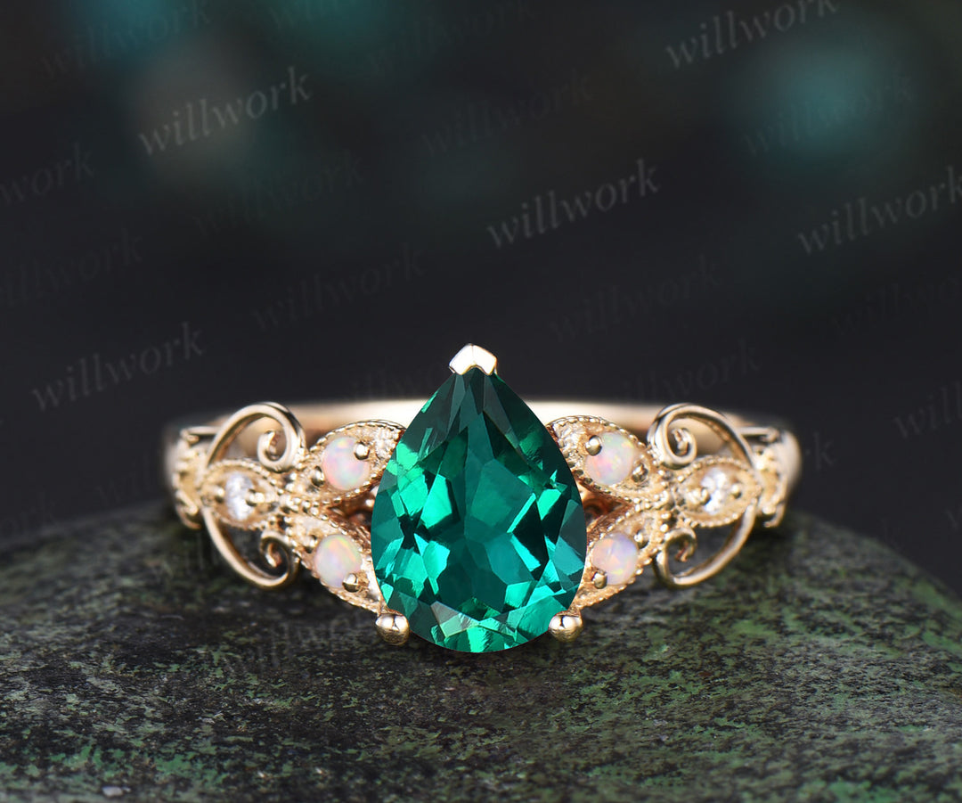 Pear shaped green emerald ring 14k yellow gold opal butterfly Milgrain engagement ring set women art deco unique wedding ring set