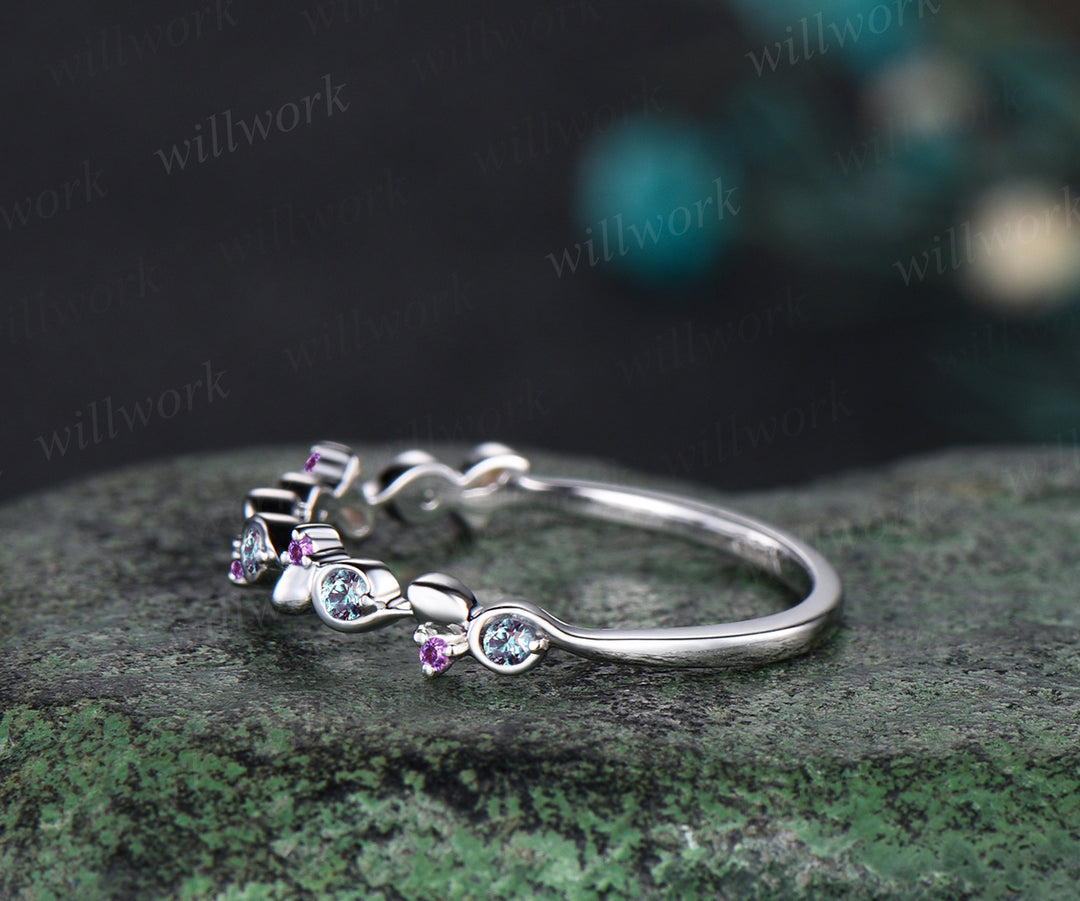 Unique Natural Amethyst Alexandrite Wedding Band Leaf 14k Rose Gold Stacking Vintage Dainty Wedding Ring Band Women Anniversary Ring Gift