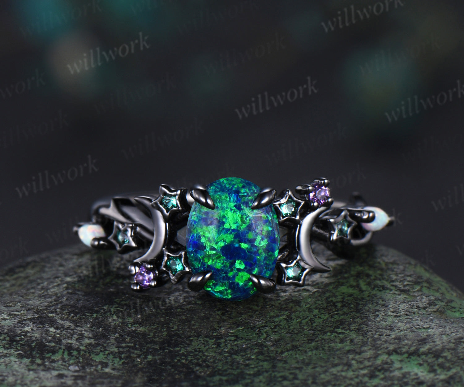 ☆nff☆ starry night ringblack nff43 Starry Night and Fire Opal Leaf Couples Ring | Tungsten