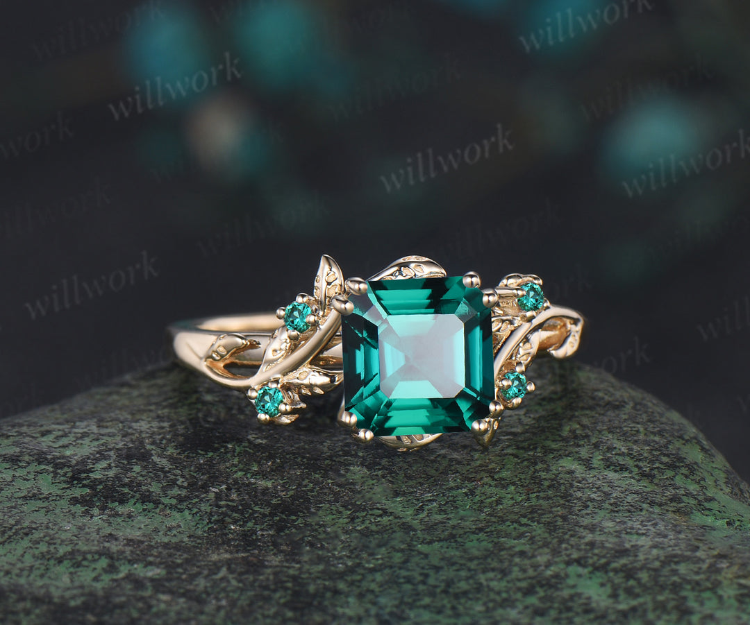 Asscher cut emerald ring vintage yellow gold branch leaf five stone unique engagement ring birthday anniversary wedding gift