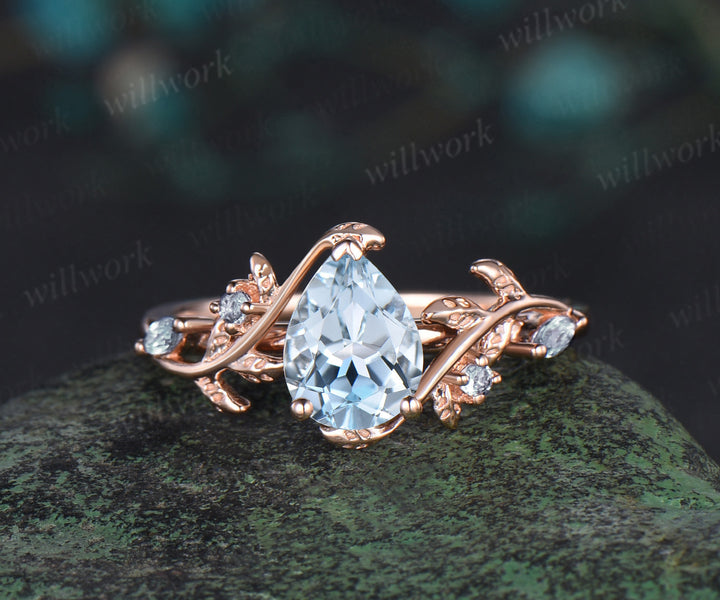Pear shaped aquamarine engagement ring set rose gold leaf branch March birthstone wedding promise ring set women jewelry