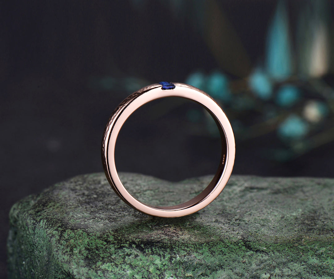 Mens Sapphire Wedding Band Baguette Cut Blue Sapphire Band 5mm Solid Rose Gold Mens Hammered Stacking Matching Band Retro Vintage Ring Gift