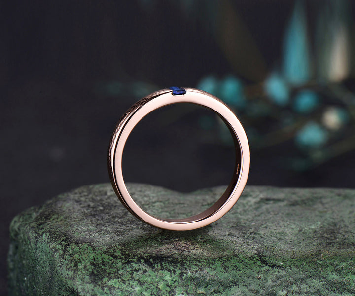 Mens Sapphire Wedding Band Baguette Cut Blue Sapphire Band 5mm Solid Rose Gold Mens Hammered Stacking Matching Band Retro Vintage Ring Gift