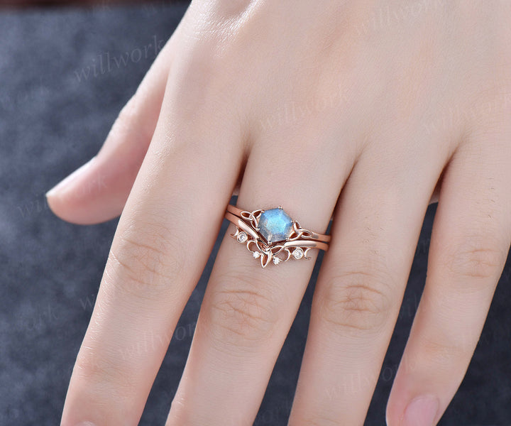 Hexagon labradorite engagement ring set unique trinity ring art deco moissanite wedding band unique bridal ring wedding ring set anniversary gifts