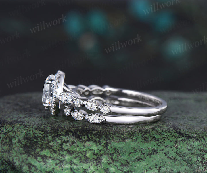 Round IGI Lab Grown Diamond Halo Engagement Ring Set Half Eternity Bridal Wedding Ring Set