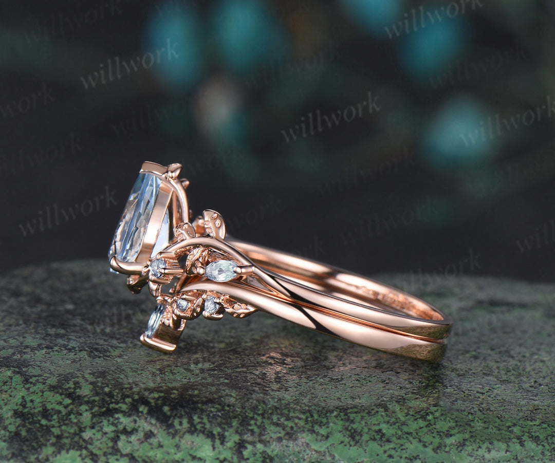 Pear shaped aquamarine engagement ring set rose gold leaf branch March birthstone wedding promise ring set women jewelry
