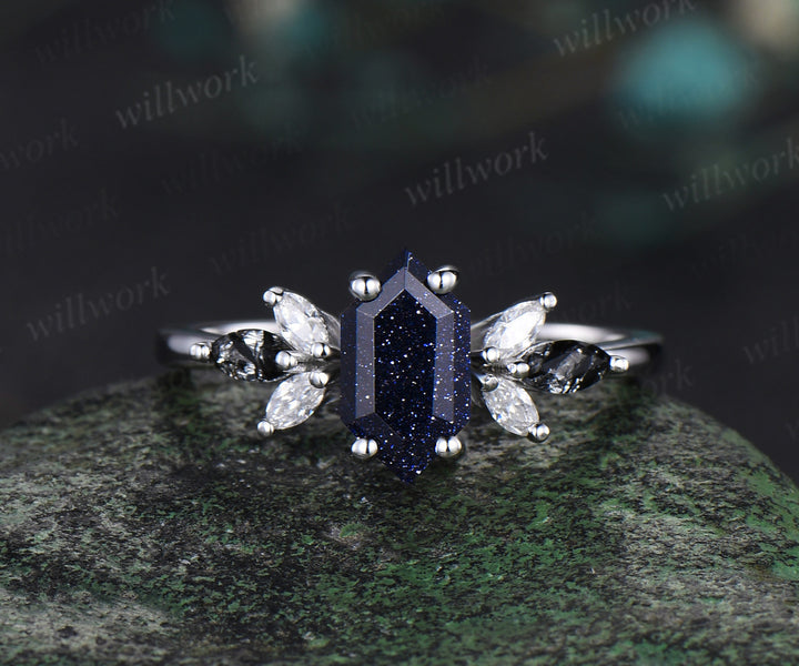 Long hexagon blue sandstone engagement ring 14k white gold cluster black rutilated quartz diamond anniversary wedding ring set women gift