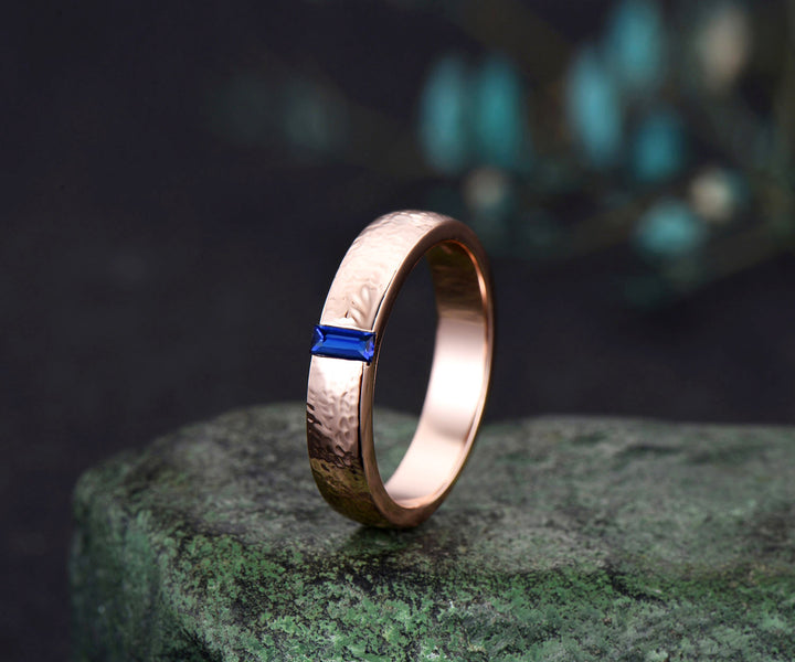 Mens Sapphire Wedding Band Baguette Cut Blue Sapphire Band 5mm Solid Rose Gold Mens Hammered Stacking Matching Band Retro Vintage Ring Gift