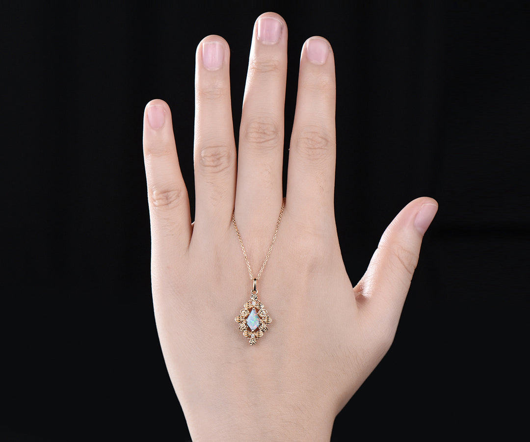 14k rose gold kite cut necklace Opal necklace luxurious retro pendant birthday gift for her