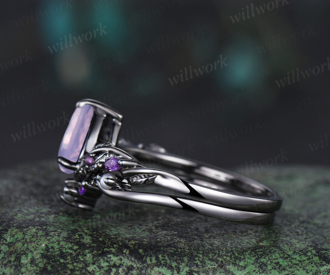 Nature Inspired Pear Lavender Amethyst pearl Bridal Set 14k white gold Unique Twig Vine Teardrop Engagement Ring Ring Set women