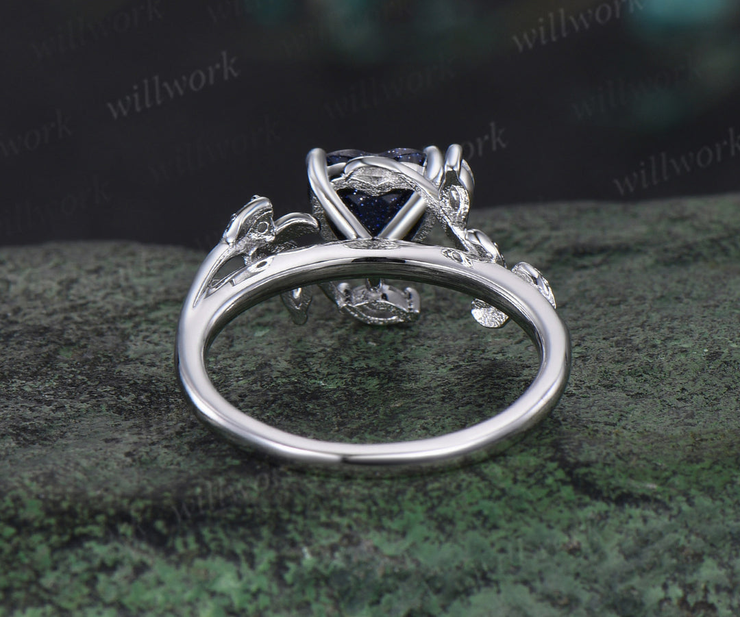 Vintage heart blue sandstone engagement ring white gold twig leaf Nature inspired marquise diamond anniversary ring women gift