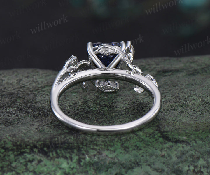 Vintage heart blue sandstone engagement ring white gold twig leaf Nature inspired marquise diamond anniversary ring women gift
