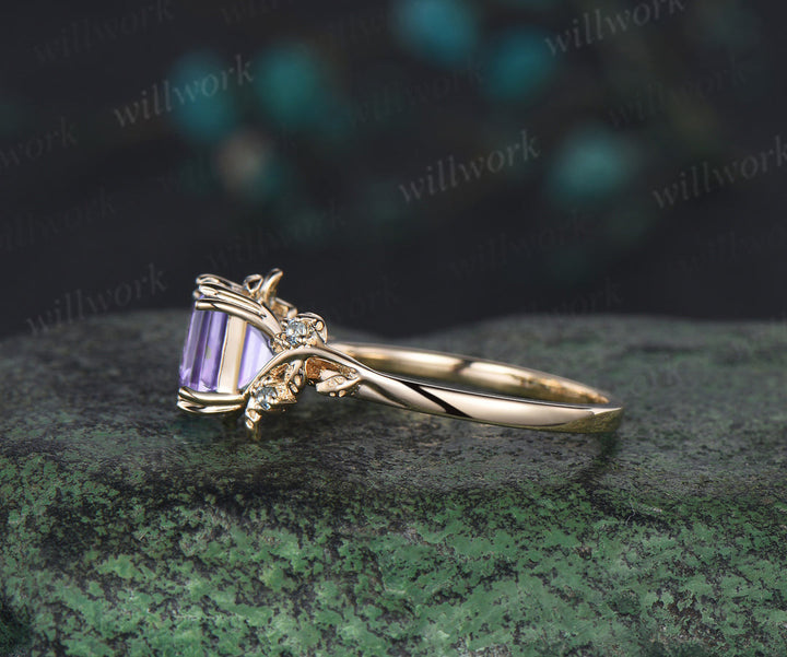 Asscher cut lavender amethyst engagement ring swiss blue topaz leaf branch ring unique nature inspired wedding ring for women