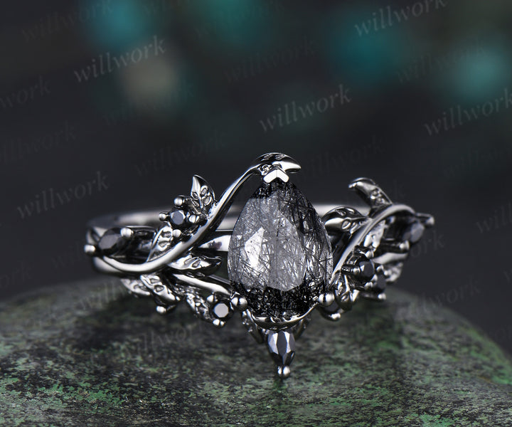 Antique Natural Black Rutilated Quartz Pear Engagement Ring Leaf Nature Inspired Black Spinel Diamond Ring Women Art Deco Black Promise Ring