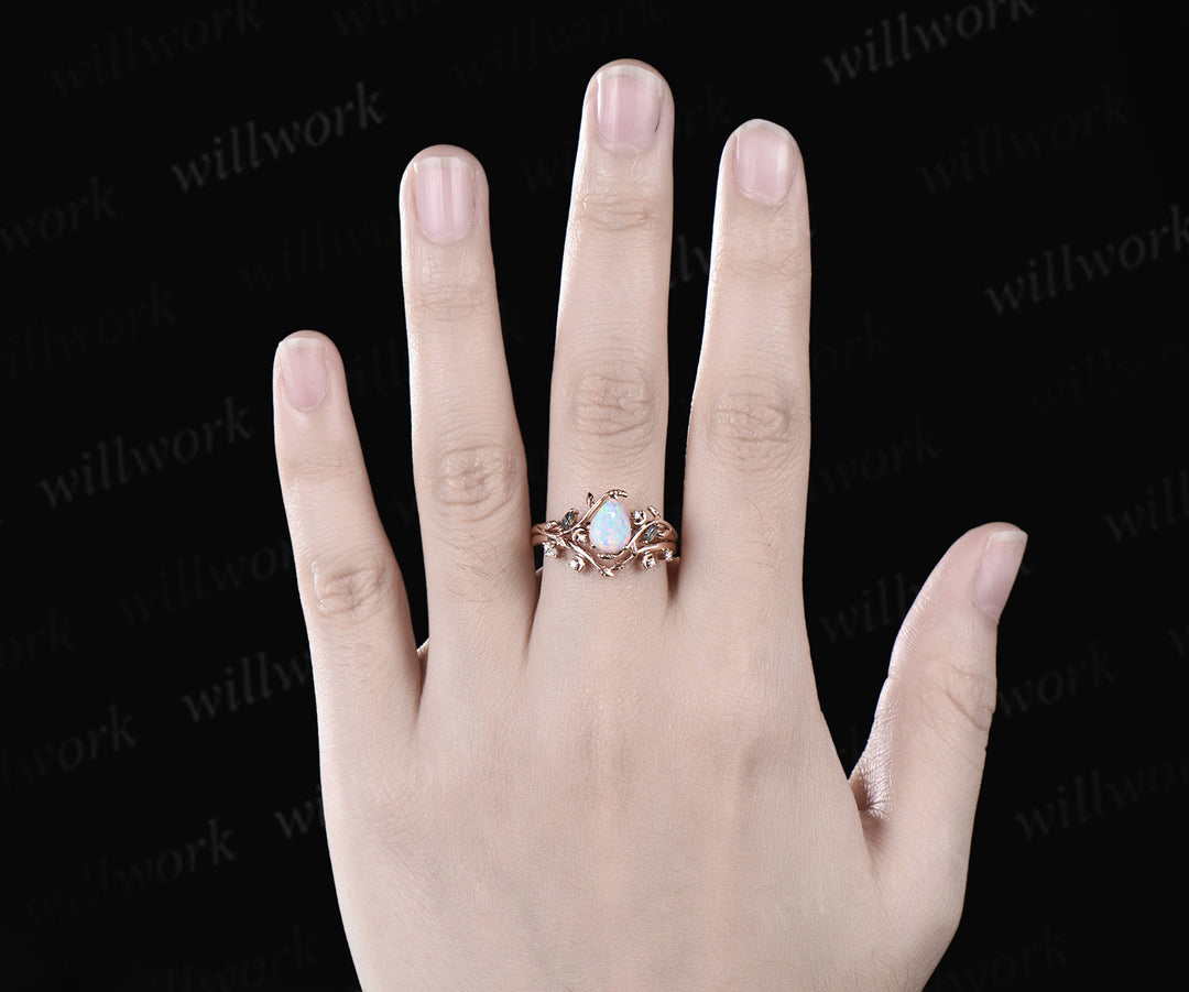 Vintage oval cut White Opal engagement ring rose gold art deco cluster leaf nature inspired bridal promise wedding ring set women
