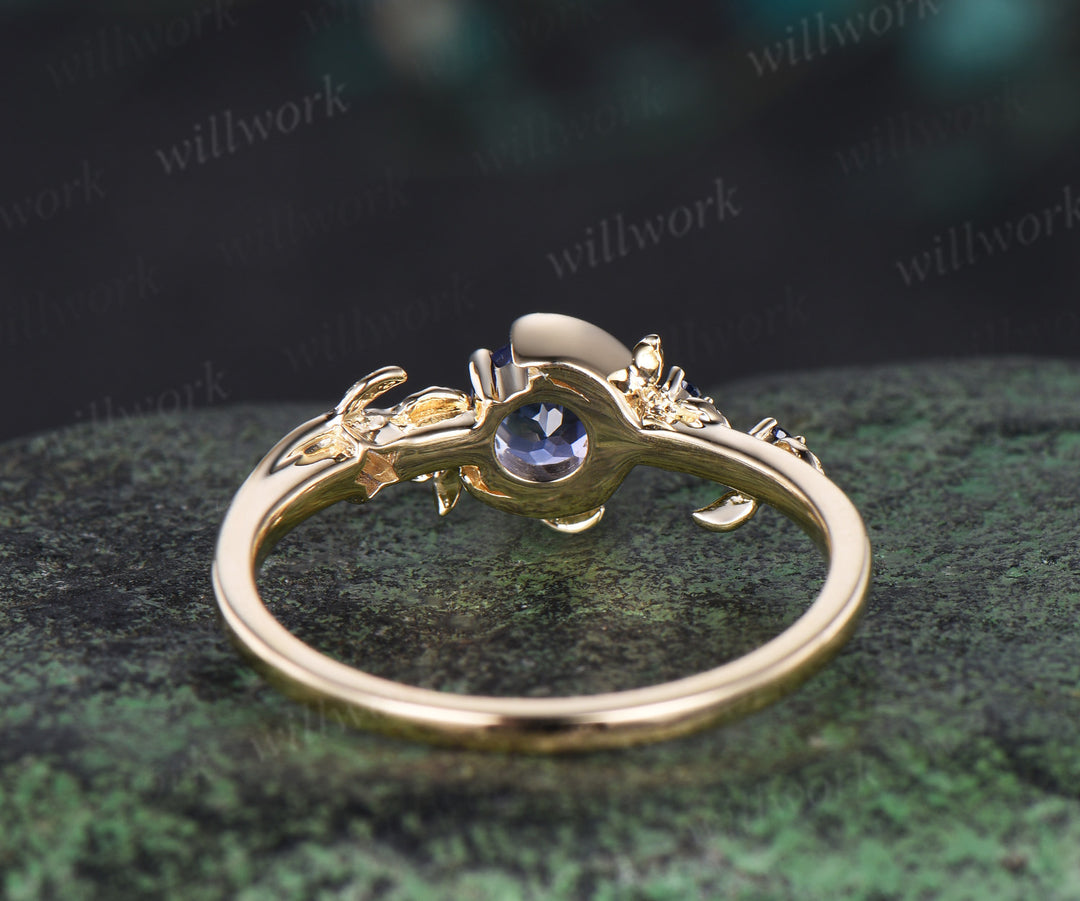 Moon Round cut natural Tanzanite Engagement Ring 14k yellow gold leaf star sapphire ring vintage vine branch unique wedding ring women jewelry