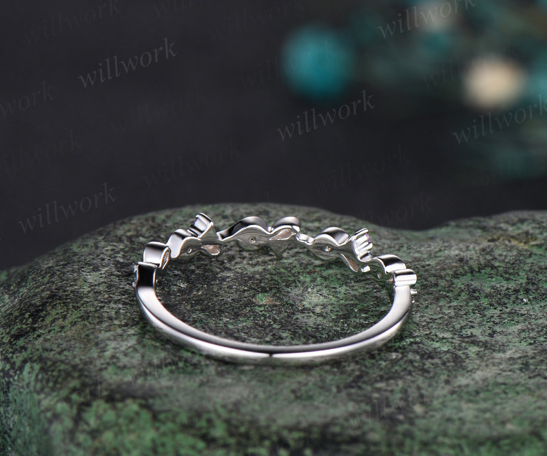 Unique Natural Amethyst Alexandrite Wedding Band Leaf 14k Rose Gold Stacking Vintage Dainty Wedding Ring Band Women Anniversary Ring Gift