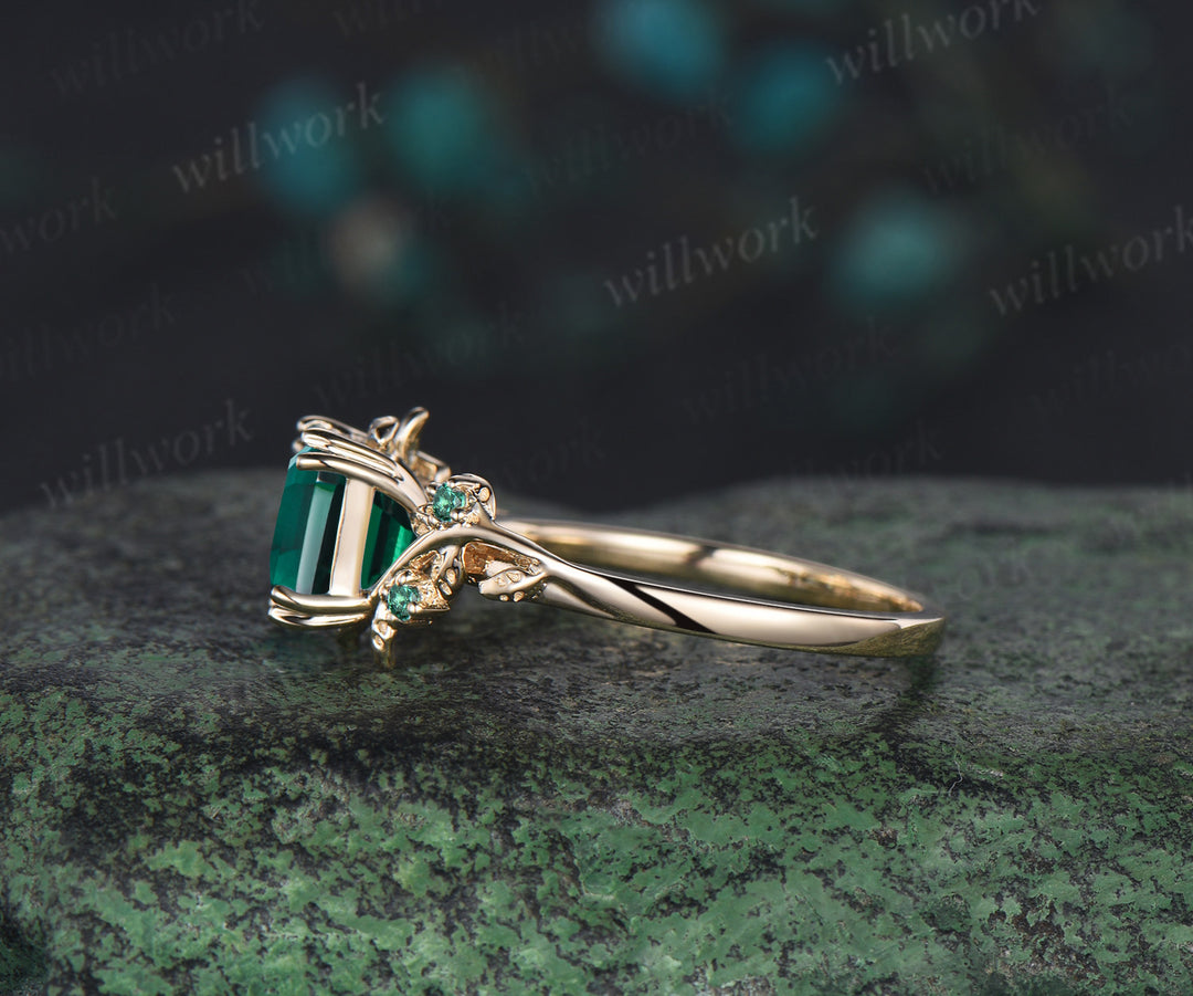 Asscher cut emerald ring vintage yellow gold branch leaf five stone unique engagement ring birthday anniversary wedding gift