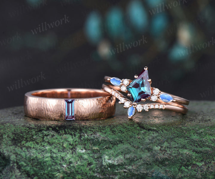 Captivating Alexandrite Kite & Moonstone Ring Set | Refined baguette Alexandrite Men's Ring 14K rose gold couple set jewellery Perfect for Valentine's Day Gifts and Thoughtful Presents for Her