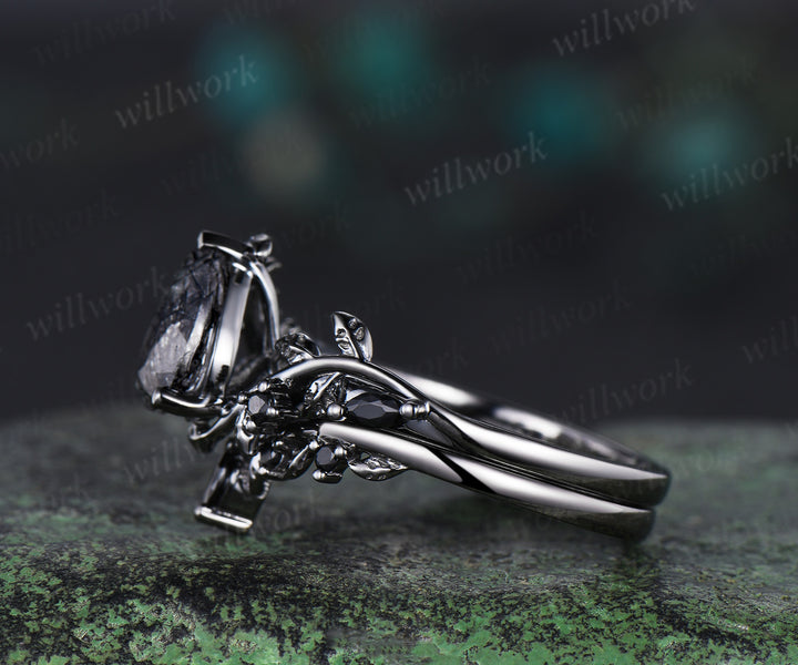 Antique Natural Black Rutilated Quartz Pear Engagement Ring Leaf Nature Inspired Black Spinel Diamond Ring Women Art Deco Black Promise Ring