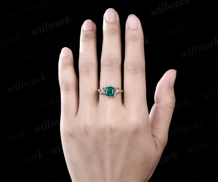 Asscher cut emerald ring vintage yellow gold branch leaf five stone unique engagement ring birthday anniversary wedding gift