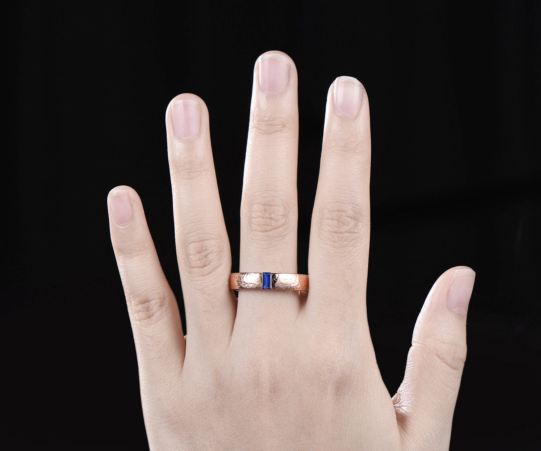 Mens Sapphire Wedding Band Baguette Cut Blue Sapphire Band 5mm Solid Rose Gold Mens Hammered Stacking Matching Band Retro Vintage Ring Gift