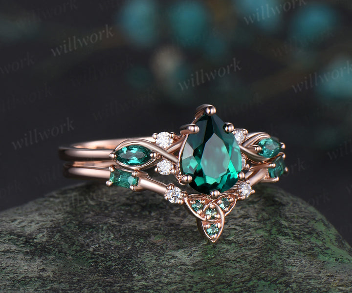 Pear cut green emerald engagement ring rose gold infinity twisted Celtic knot Baguette cut emerald ring women May birthstone ring gift