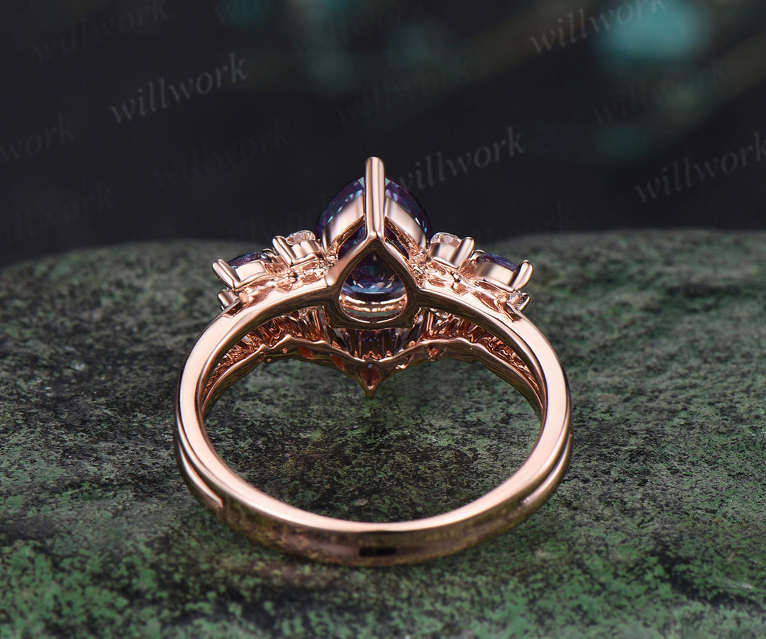 Pear cut Alexandrite engagement ring solid 14k rose gold cluster snowdrift diamond stacking wedding bridal ring set women