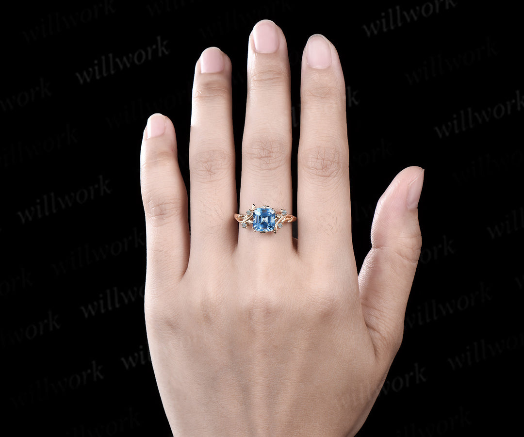 Asscher cut Swiss Blue topaz ring vintage yellow gold leaf nature inspired five stone unique engagement ring women gemstone gift