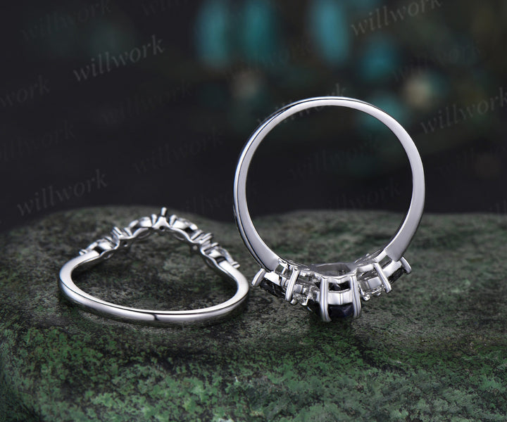 Long hexagon blue sandstone engagement ring 14k white gold cluster black rutilated quartz diamond anniversary wedding ring set women gift