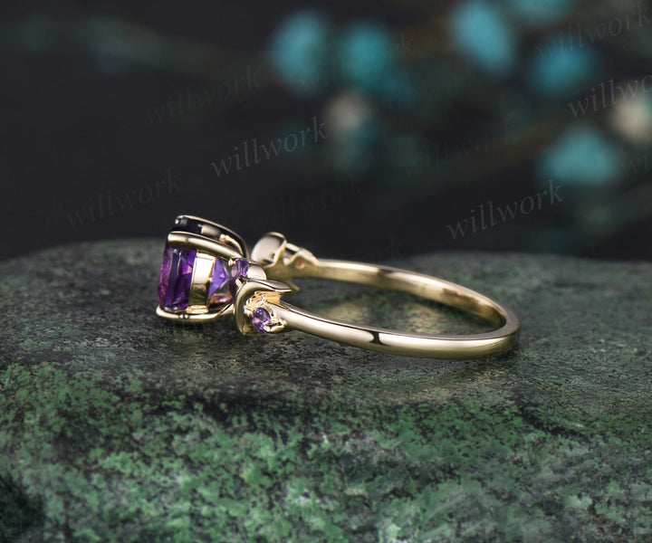 Round cut purple amethyst engagement ring solid 14k yellow gold five stone moon Crystal February birthstone ring women