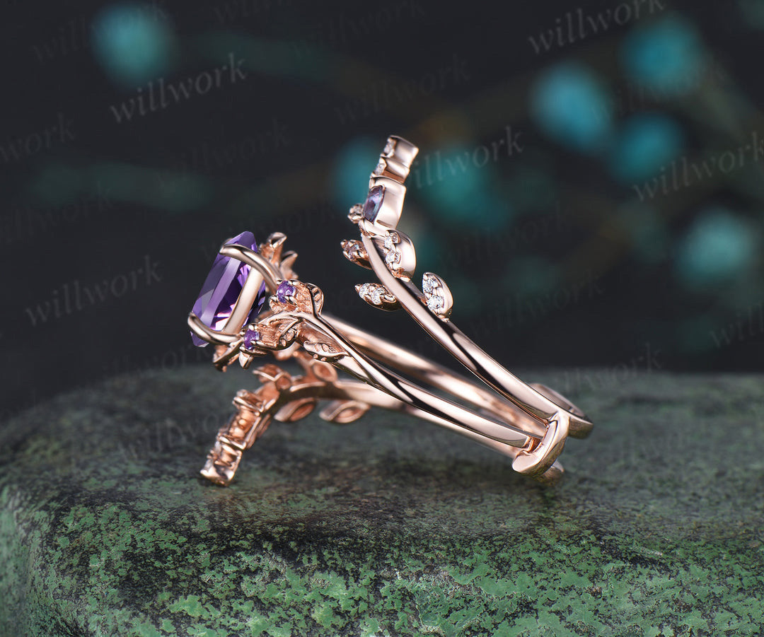 Vintage oval amethyst engagement ring nature inspired leaf amethyst ring wedding band enhancer twisted bridal ring set women