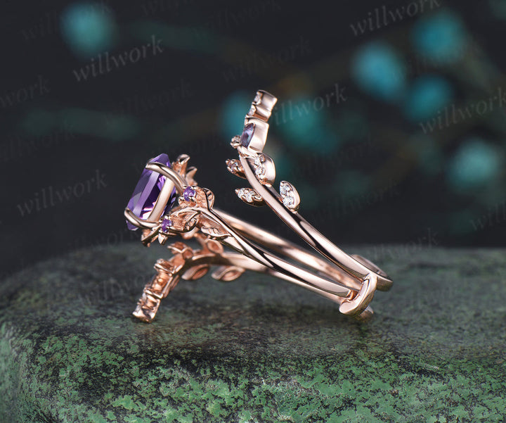 Vintage oval amethyst engagement ring nature inspired leaf amethyst ring wedding band enhancer twisted bridal ring set women