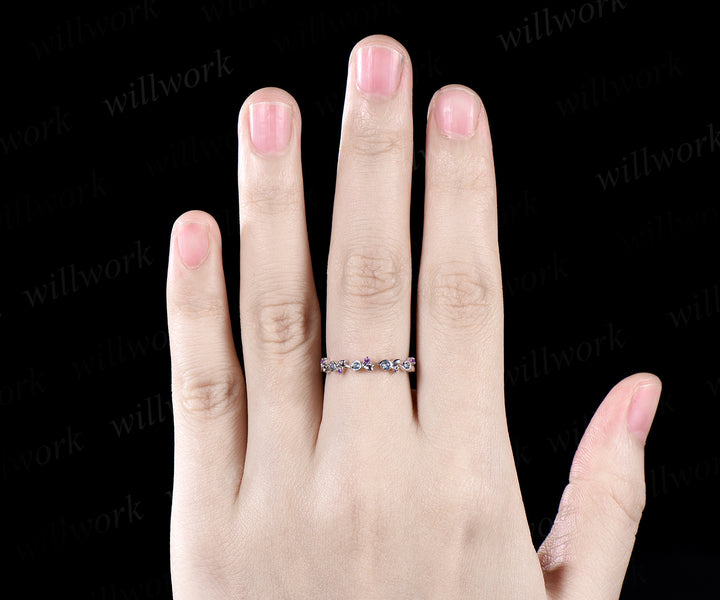 Unique Natural Amethyst Alexandrite Wedding Band Leaf 14k Rose Gold Stacking Vintage Dainty Wedding Ring Band Women Anniversary Ring Gift