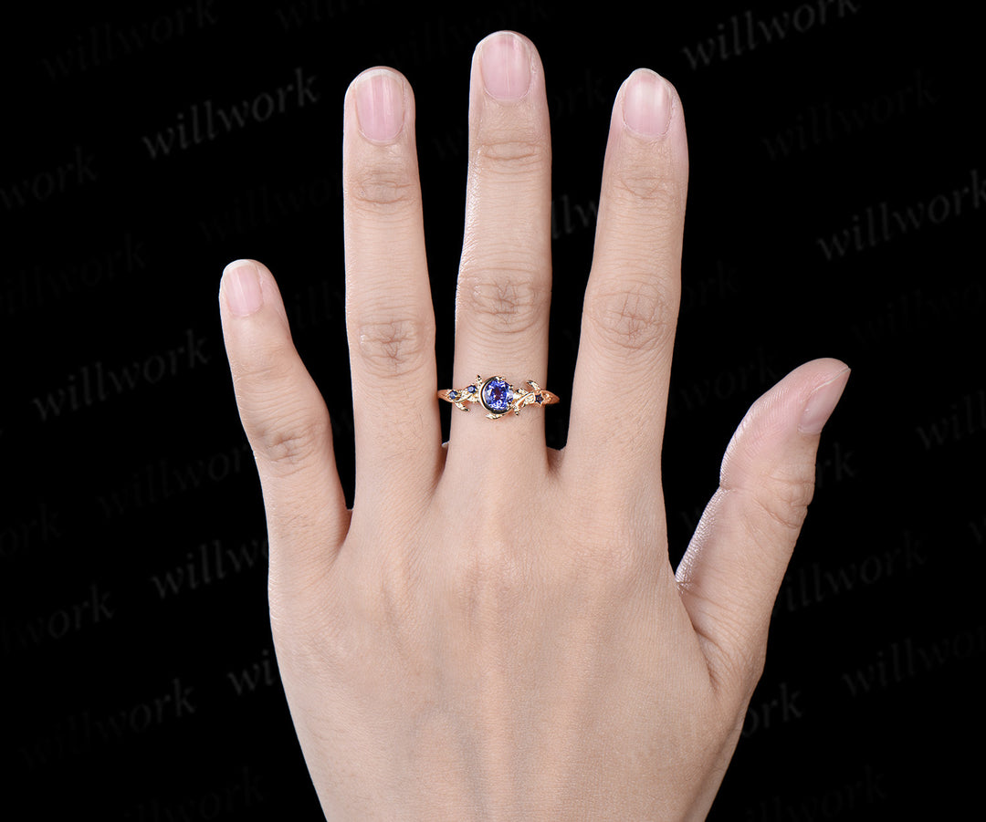Moon Round cut natural Tanzanite Engagement Ring 14k yellow gold leaf star sapphire ring vintage vine branch unique wedding ring women jewelry