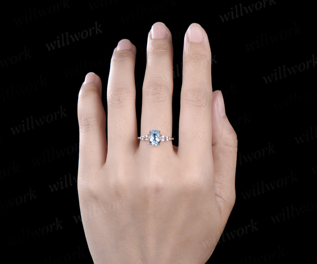 Oval cut aquamarine engagement ring solid 14k rose gold diamond ring March birthstone unique promise wedding ring women