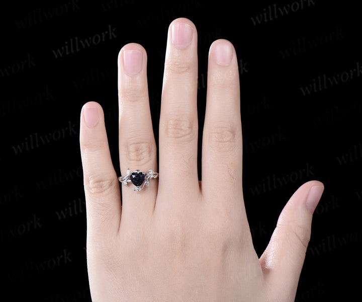 Vintage heart blue sandstone engagement ring white gold twig leaf Nature inspired marquise diamond anniversary ring women gift