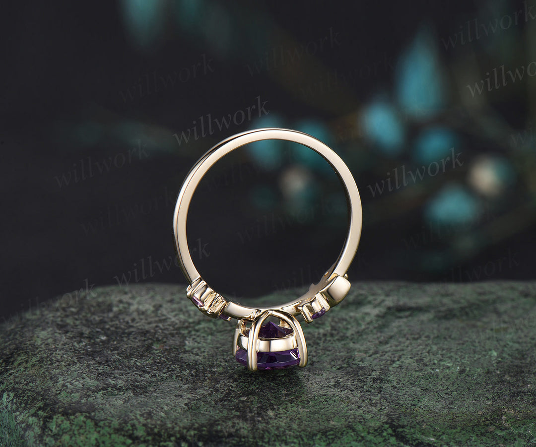 Round cut purple amethyst engagement ring solid 14k yellow gold five stone moon Crystal February birthstone ring women