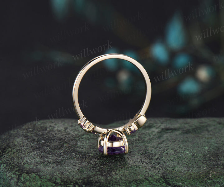 Round cut purple amethyst engagement ring solid 14k yellow gold five stone moon Crystal February birthstone ring women