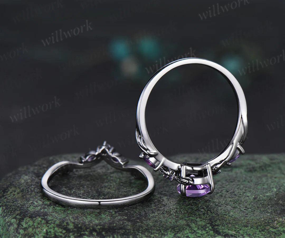 Nature Inspired Pear Amethyst Bridal Set Twisted Unique Twig Vine Teardrop Engagement Ring Set women