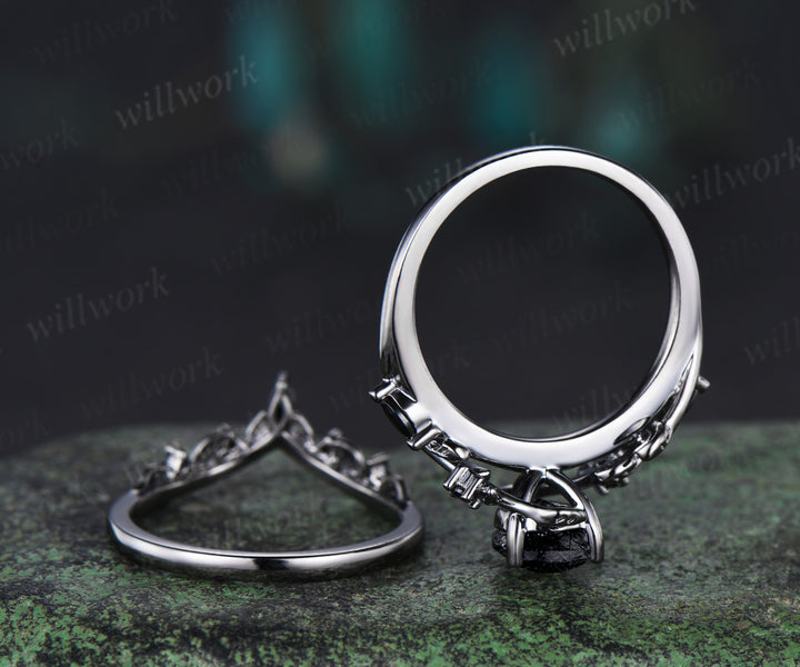 Antique Natural Black Rutilated Quartz Pear Engagement Ring Leaf Nature Inspired Black Spinel Diamond Ring Women Art Deco Black Promise Ring