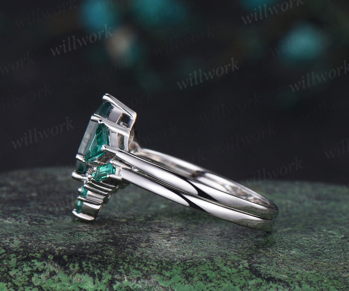 Long hexagon cut moss agate engagement ring 14k white gold three stone Trilliant Baguette emerald bridal ring set women