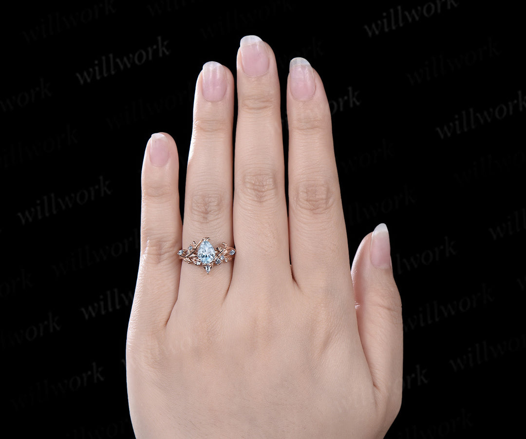 Pear shaped aquamarine engagement ring set rose gold leaf branch March birthstone wedding promise ring set women jewelry