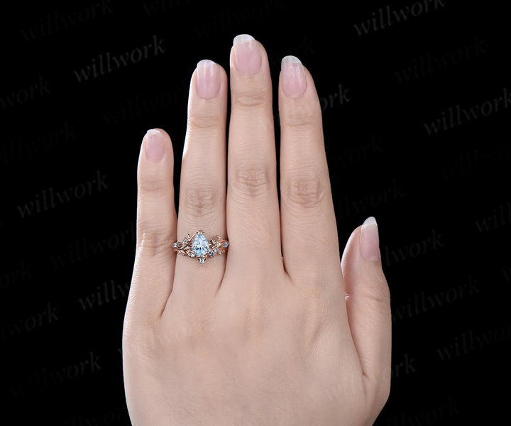 Pear shaped aquamarine engagement ring set rose gold leaf branch March birthstone wedding promise ring set women jewelry
