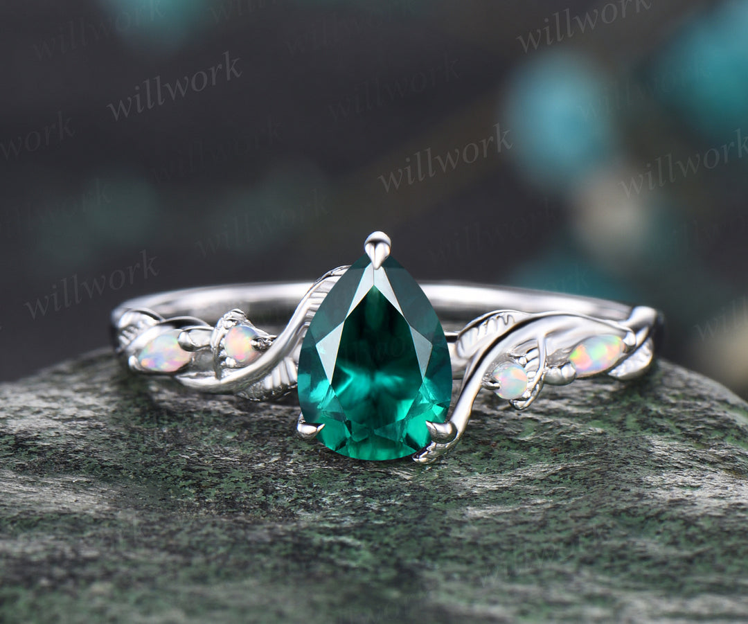 Unique May Birthstone Pear Cut Emerald Engagement Ring Set Leaf Vine Twig Branch Nature Inspired Ring Natural Peridot Opal Wedding Band Art Deco 2pcs Bridal Ring Set Green Gemstone Ring Women