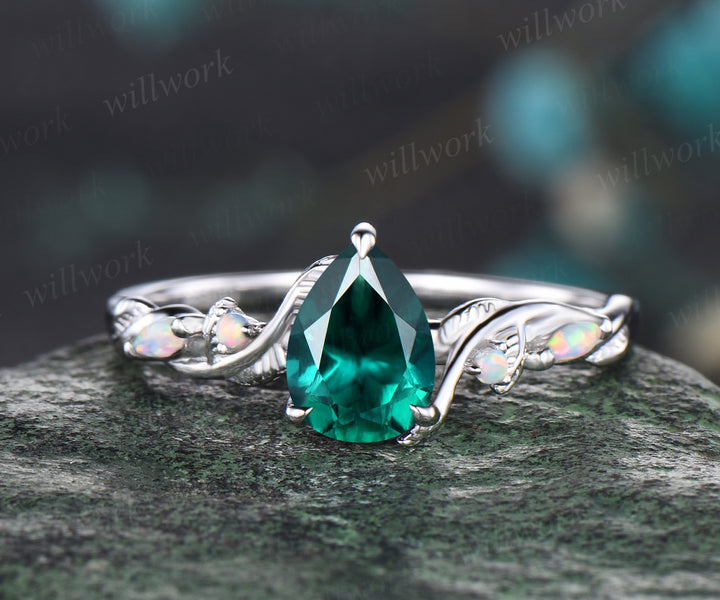 Unique May Birthstone Pear Cut Emerald Engagement Ring Set Leaf Vine Twig Branch Nature Inspired Ring Natural Peridot Opal Wedding Band Art Deco 2pcs Bridal Ring Set Green Gemstone Ring Women