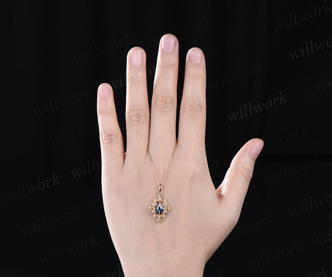 14k rose gold kite cut necklace Alexandrite necklace luxurious retro pendant birthday gift for her
