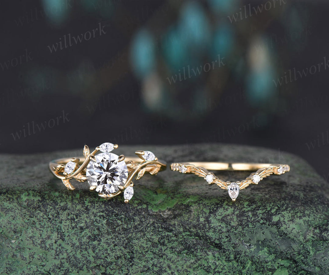 Vintage Round Cut IGI Lab Grown Diamond Engagement Ring Leaf Nature Inspired Promise Ring Set