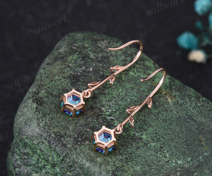 Delicate June Birthstone Alexandrite Drop Earrings Unique Color Change Stone Alexandrite Dangle Earrings 14k Rose Gold Alexandrite Earrings