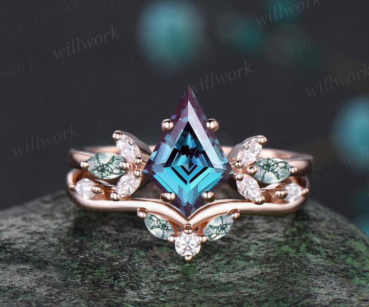 Unique June Birthstone Kite Alexandrite Engagement Ring Set 14k Rose Gold Moissanite Amethyst Bridal Ring Set
